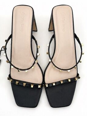 The Drop Black Studded Square-Toe Slide Mules